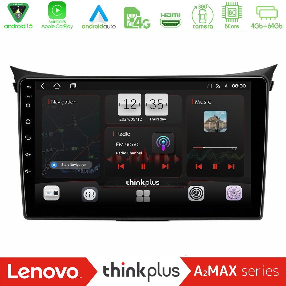 Lenovo Thinkplus A2MAX Series 8Core Android15 4+64GB Hyundai i30 2012-2017 Navigation Multimedia Tablet 9"