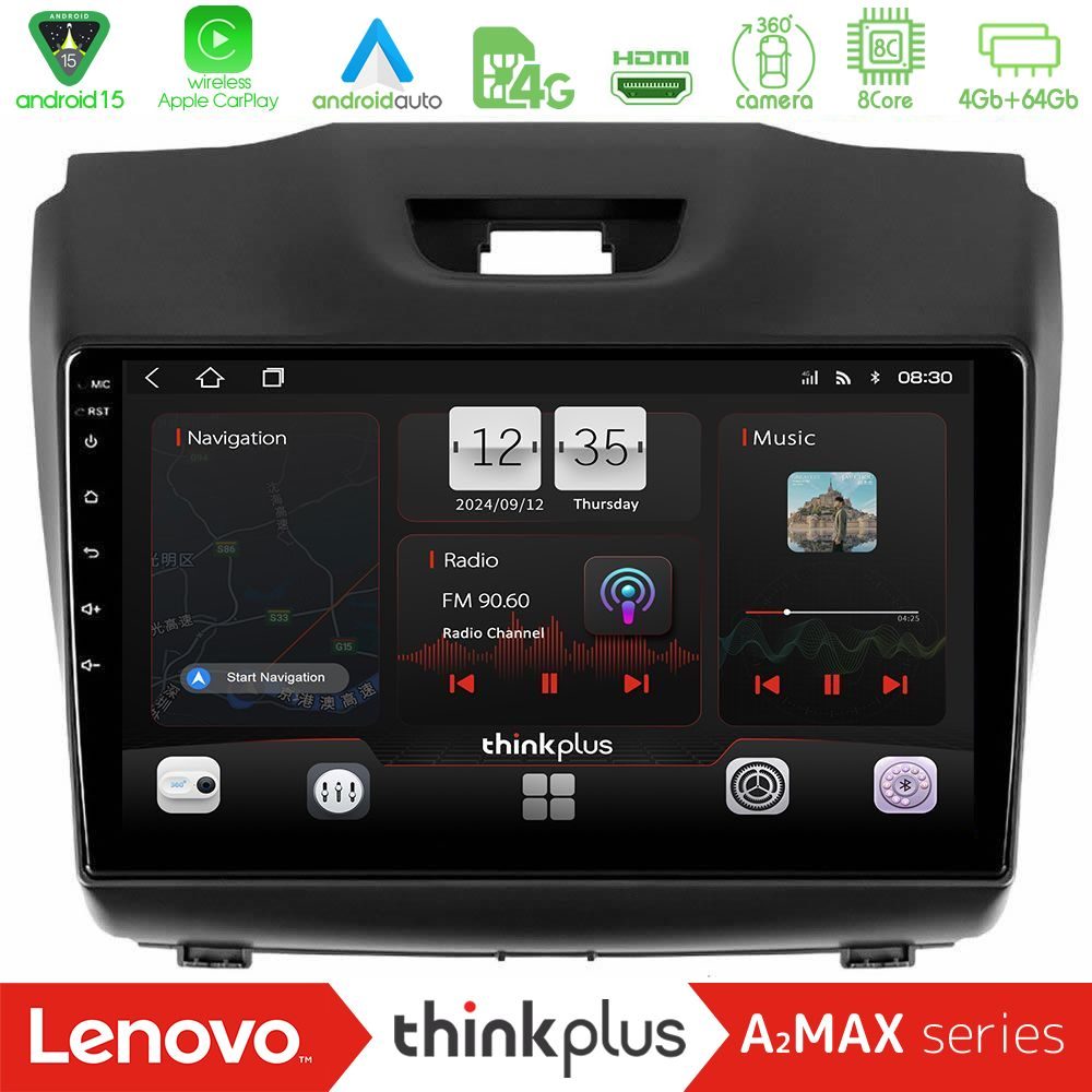 Lenovo Thinkplus A2MAX Series 8Core Android15 4+64GB Isuzu D-MAX 2012-2019 Navigation Multimedia Tablet 9"