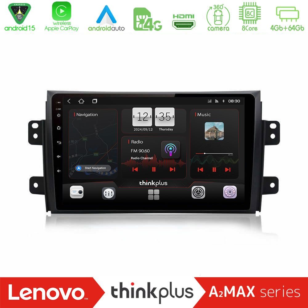 Lenovo Thinkplus A2MAX Series 8Core Android15 4+64GB  Suzuki SX4 2006-2014 Fiat Sedici 2006-2014 Navigation Multimedia Tablet 9"