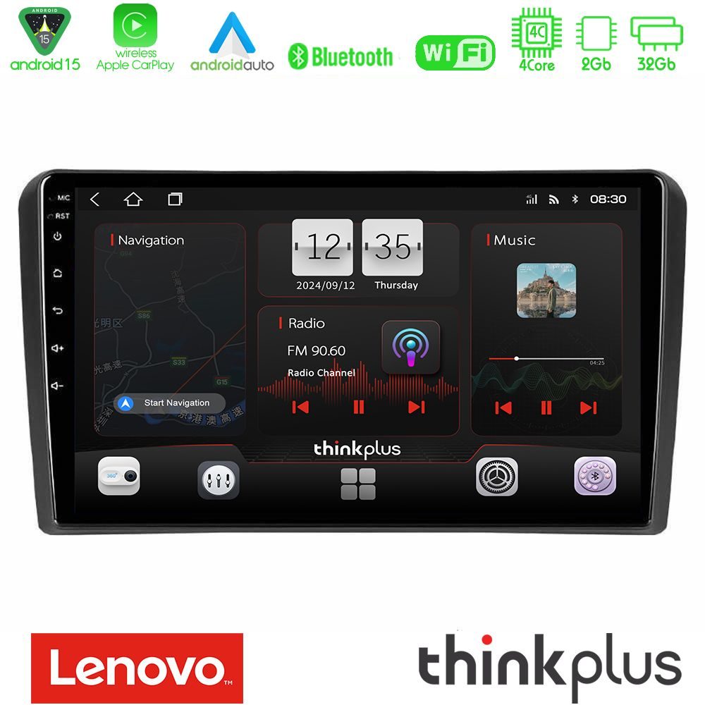 Lenovo Thinkplus Series 4Core Android15 2+32GB  Audi A3 8P Navigation Multimedia Tablet 9" Με Carplay & Android Auto
