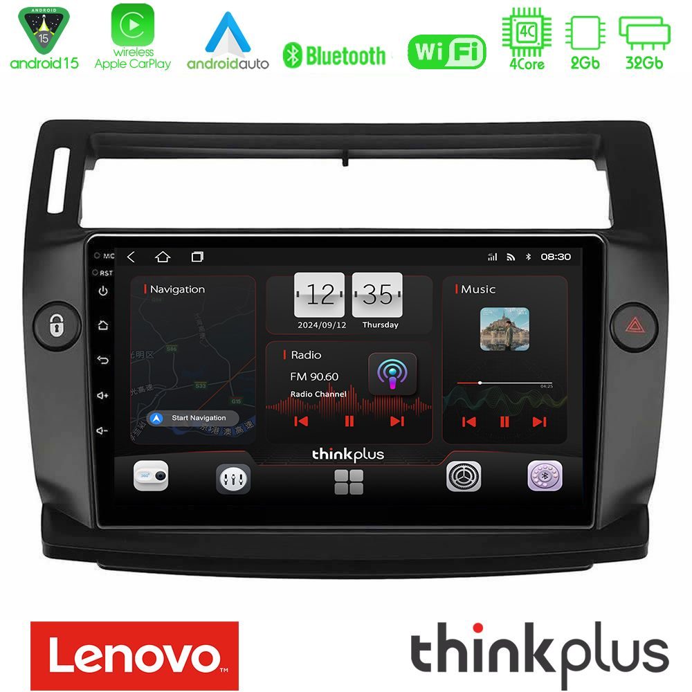 Lenovo Thinkplus Series 4Core Android15 2+32GB Citroen C4 2004-2010 Navigation Multimedia Tablet 9" (μαύρο χρώμα) Με Carplay & Android Auto