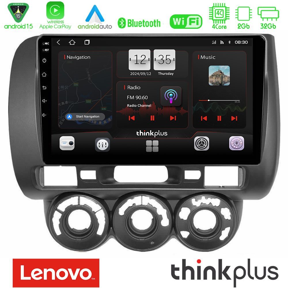 Lenovo Thinkplus Series 4Core Android15 2+32GB  Honda Jazz 2002-2008 (Manual A/C) Navigation Multimedia Tablet 9" Με Carplay & Android Auto