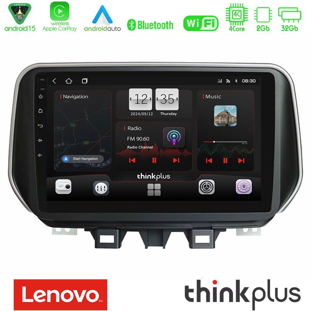 Lenovo Thinkplus Series 4Core Android15 2+32GB Hyundai Tucson 2019-> Navigation Multimedia Tablet 9" Με Carplay & Android Auto