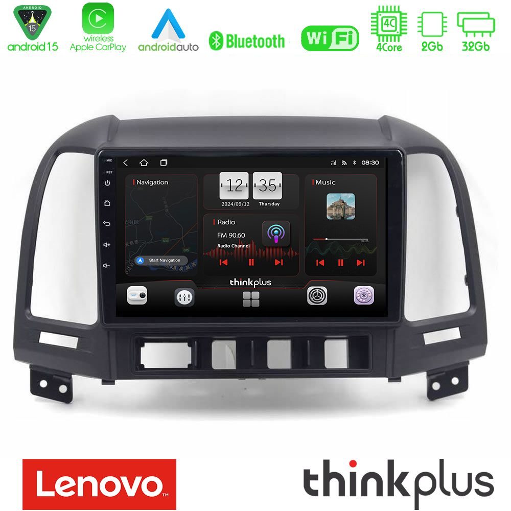 Lenovo Thinkplus Series 4Core Android15 2+32GB Hyundai Santa Fe 2006-2013 Navigation Multimedia Tablet 9" Με Carplay & Android Auto