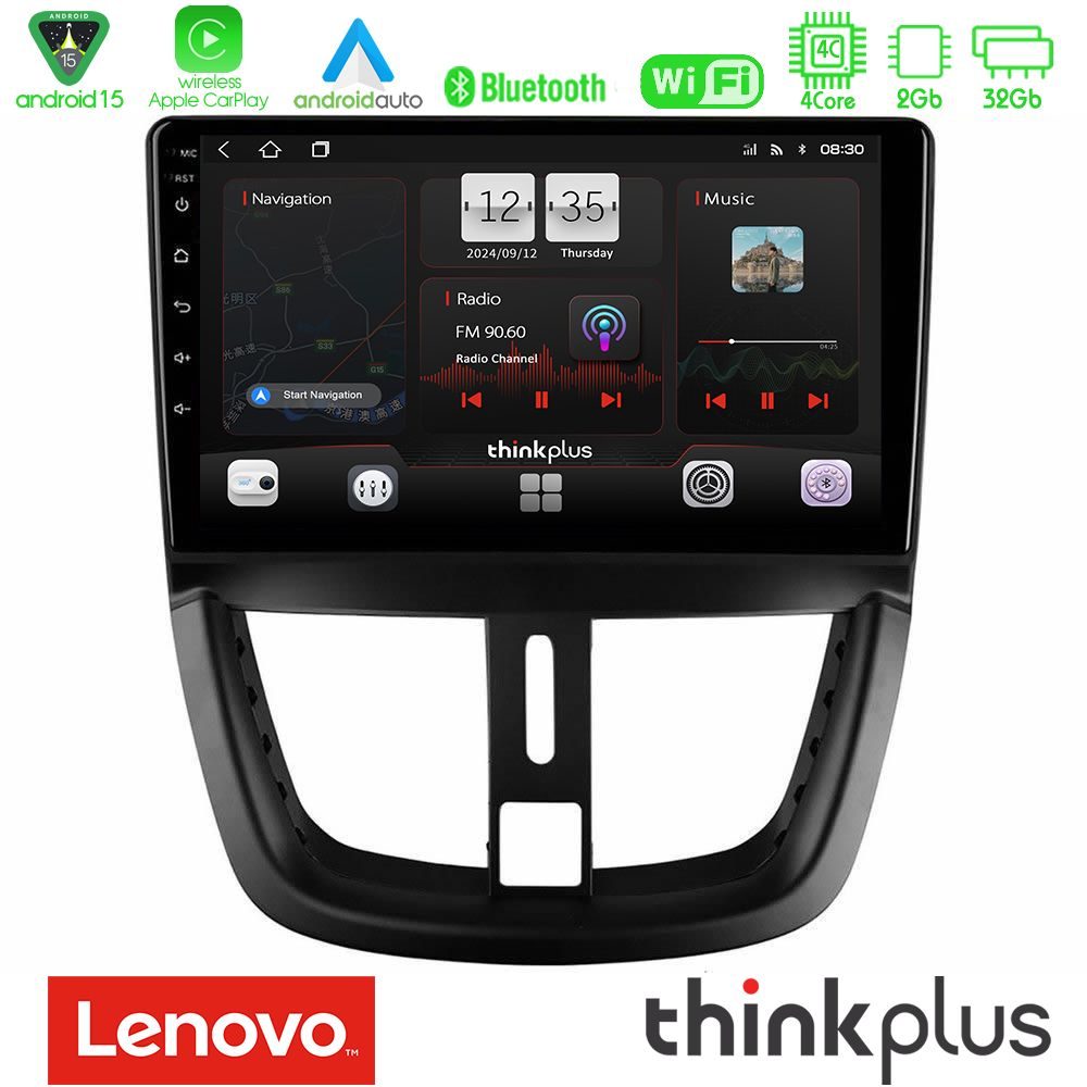 Lenovo Thinkplus Series 4Core Android15 2+32GB  Peugeot 207 Navigation Multimedia Tablet 9" Με Carplay & Android Auto