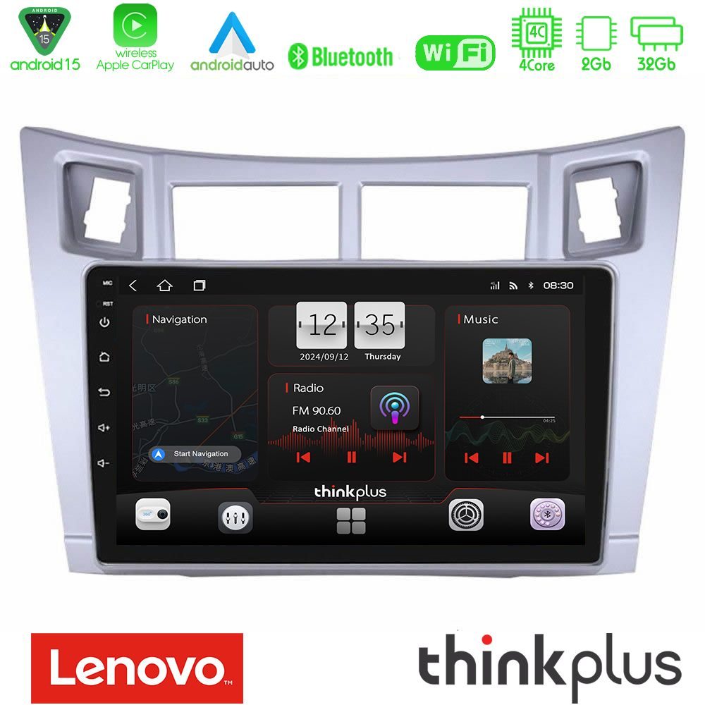 Lenovo Thinkplus Series 4Core Android15 2+32GB  Toyota Yaris Navigation Multimedia Tablet 9" (Ασημί Χρώμα) Με Carplay & Android Auto