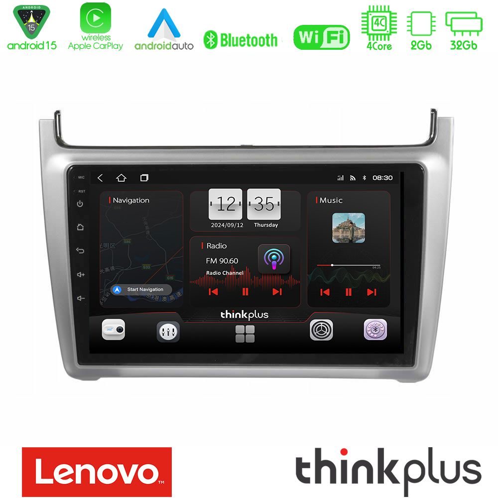 Lenovo Thinkplus Series 4Core Android15 2+32GB Vw Polo 2014-2017 Navigation Multimedia Tablet 9" Με Carplay & Android Auto (Silver)