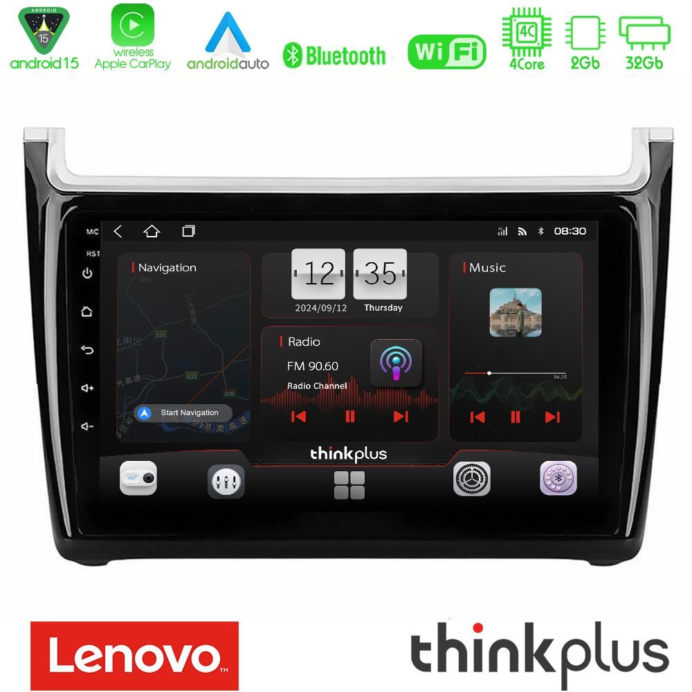 Lenovo Thinkplus Series 4Core Android15 2+32GB Vw Polo Navigation Multimedia Tablet 9" Με Carplay & Android Auto