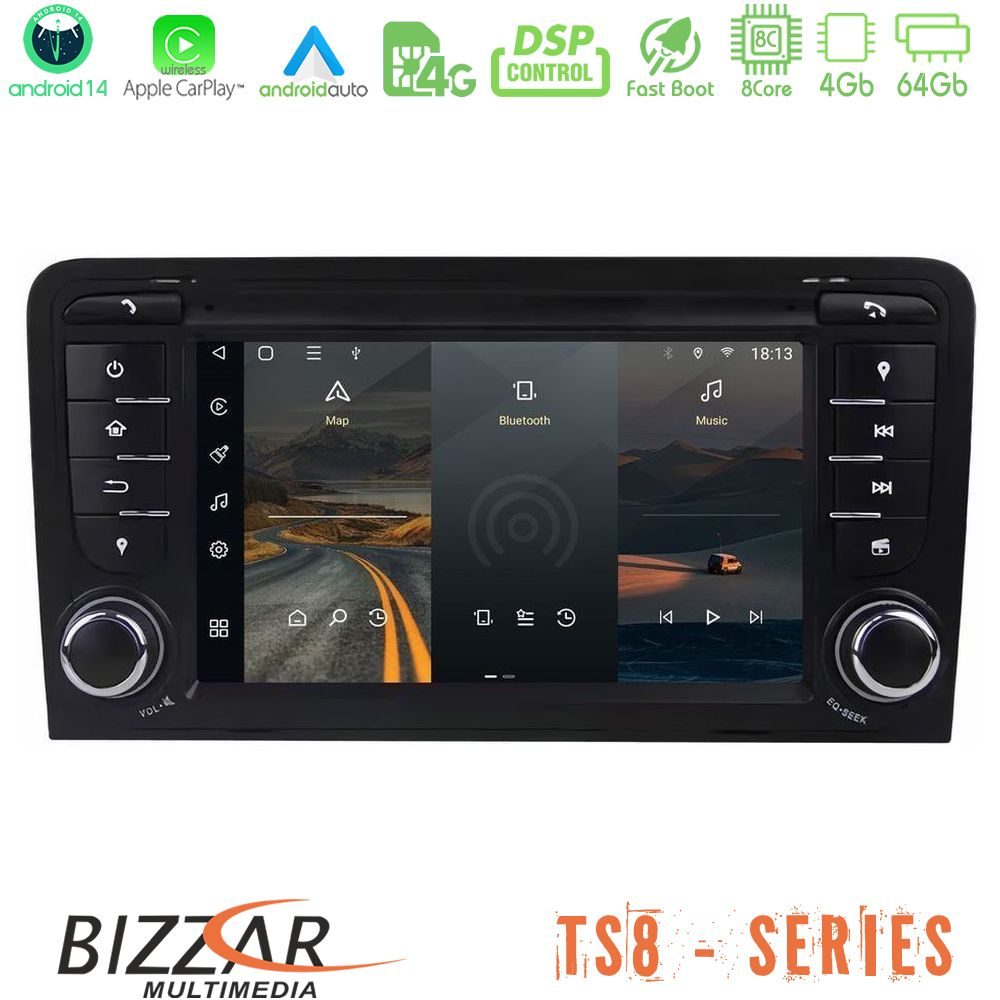 Bizzar Audi A3 8P 8core Android14 4+64GB Navigation Multimedia Deckless 7" με Carplay/AndroidAuto (OEM Style)