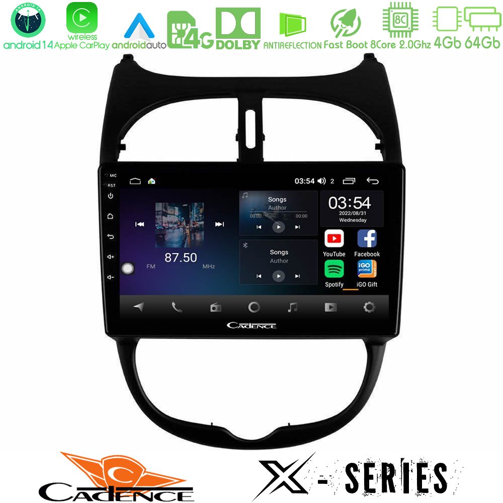 Cadence X Series Peugeot 206 8core Android 14 4+64GB Navigation Multimedia Tablet 9"