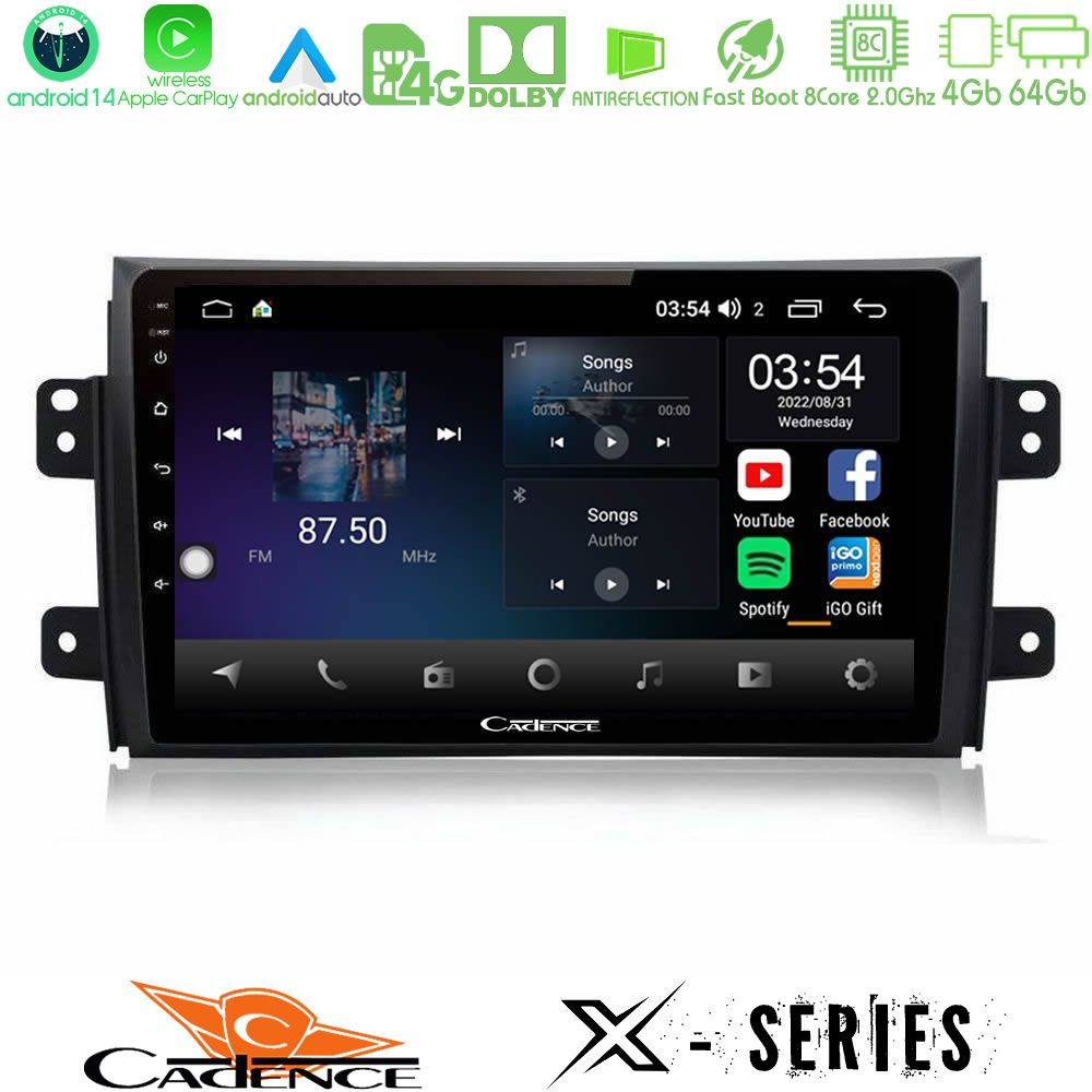 Cadence X Series Suzuki SX4 2006-2014 Fiat Sedici 2006-2014 8core Android 14 4+64GB Navigation Multimedia Tablet 9"