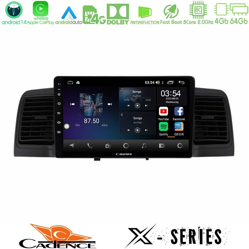 Cadence X Series Toyota Corolla 2002-2006 8Core Android 14 4+64GB Navigation Multimedia Tablet 9"