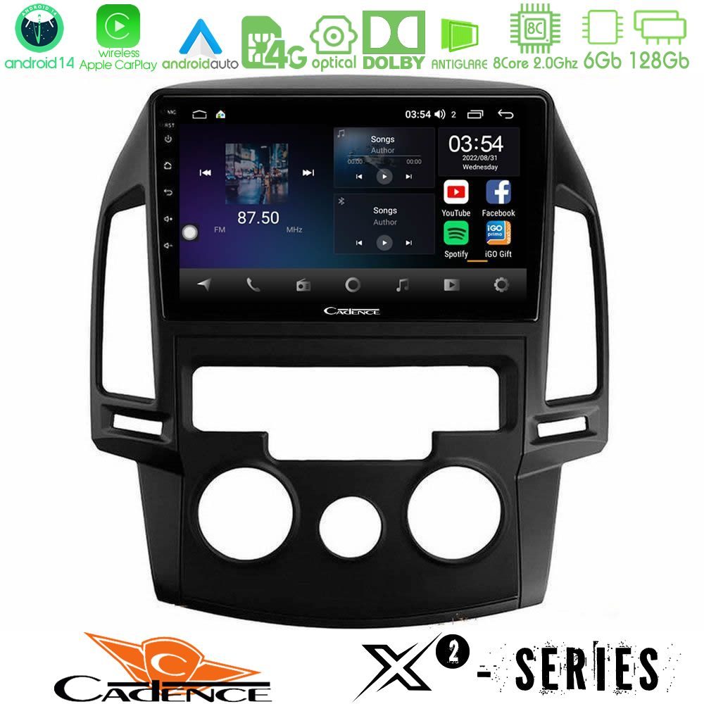 Cadence X2 Series 8Core Android14 6+128GB Hyundai i30 2007-2012 Manual A/C Navigation Multimedia Tablet 9"