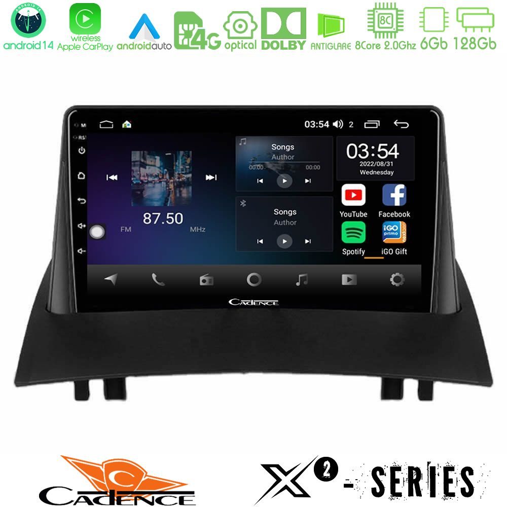 Cadence X2 Series 8Core Android14 6+128GB  Renault Megane 2 2002-2008 Navigation Multimedia Tablet 9"