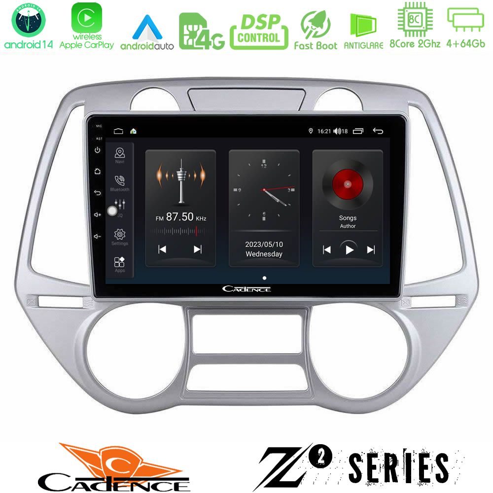 Cadence Z2 Series 8Core Android14 4+64GB Hyundai i20 2009-2012 Auto A/C Navigation Multimedia Tablet 9" Με Carplay & Android Auto