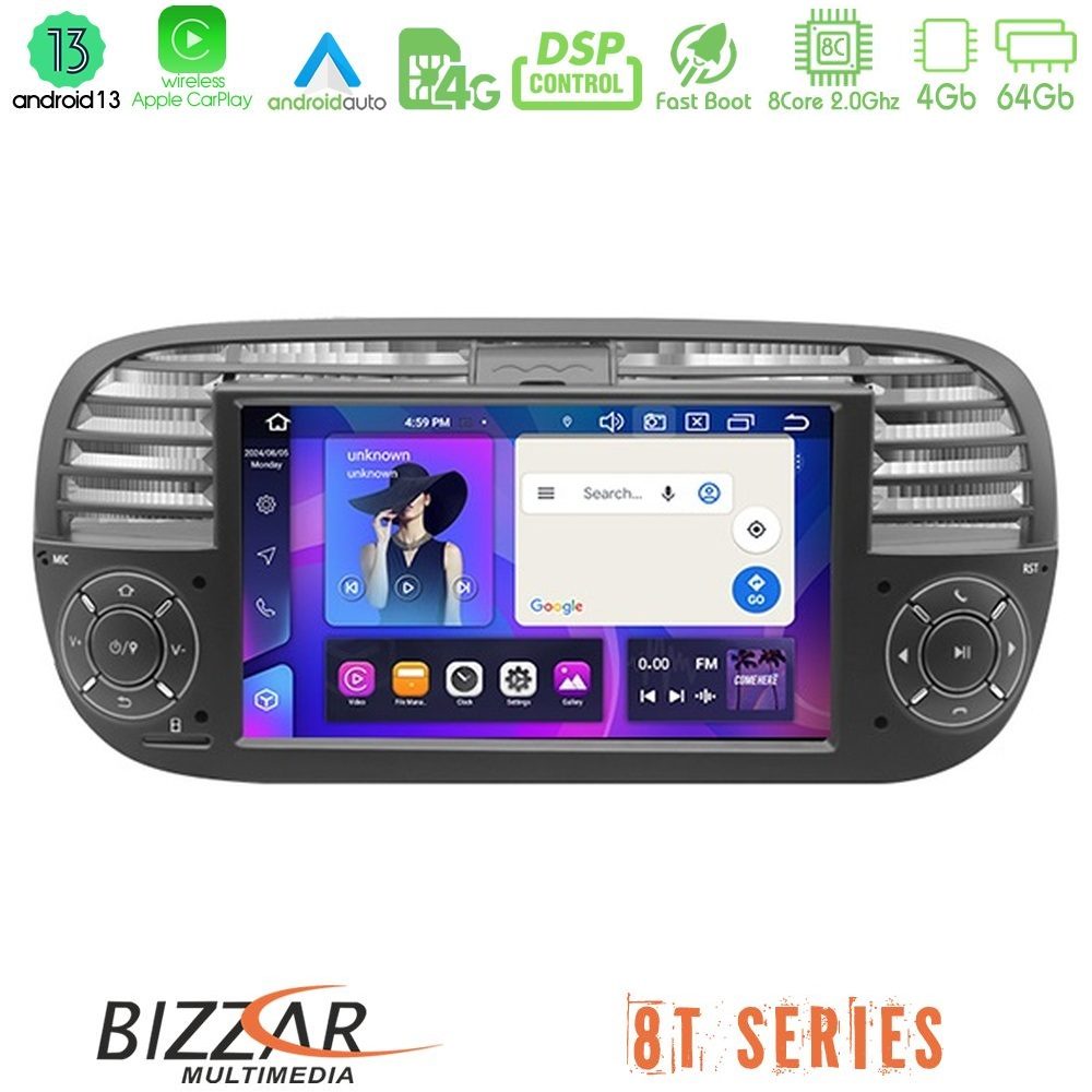 Bizzar Fiat 500 2008-2015 8core Android13 4+64GB Navigation Multimedia Deckless 7" με Carplay/AndroidAuto (OEM Style/Black Color)