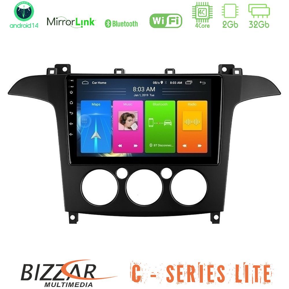 Bizzar C Series Lite 4Core Android14 2+32GB  Ford S-Max 2006-2008 (manual A/C) Navigation Multimedia Tablet 9"