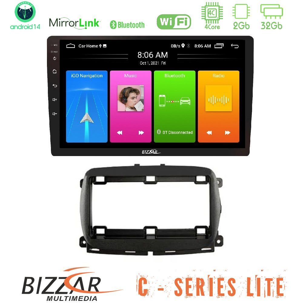 Bizzar C Series Lite 4Core Android14 2+32GB   Fiat 500 2016> Navigation Multimedia Tablet 9"