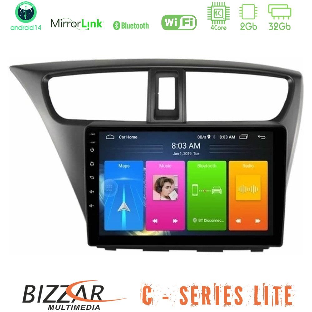 Bizzar C Series Lite 4Core Android14 2+32GB  Honda Civic Hatchback 2012-2015 Navigation Multimedia Tablet 9"