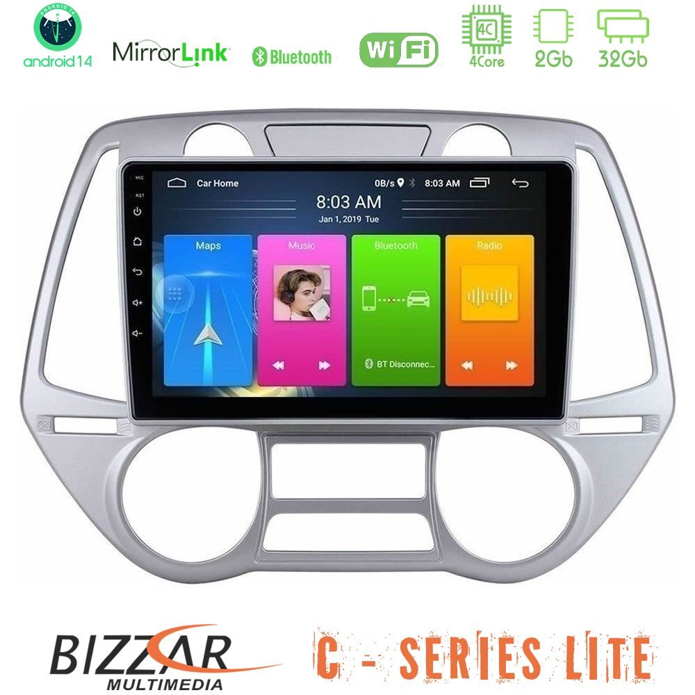 Bizzar C Series Lite 4Core Android14 2+32GB  Hyundai i20 2009-2012 Auto A/C Navigation Multimedia Tablet 9"