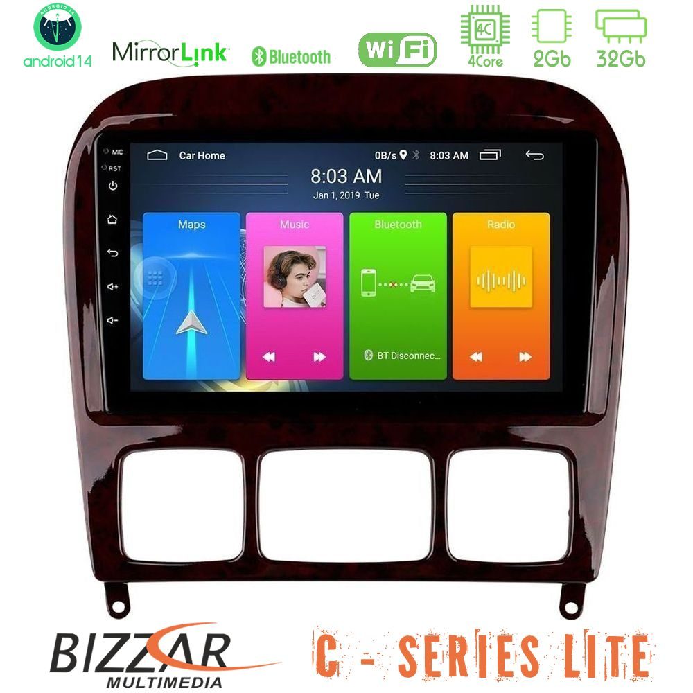 Bizzar C Series Lite 4Core Android14 2+32GB  Mercedes S Class 1999-2004 (W220) Navigation Multimedia Tablet 9"
