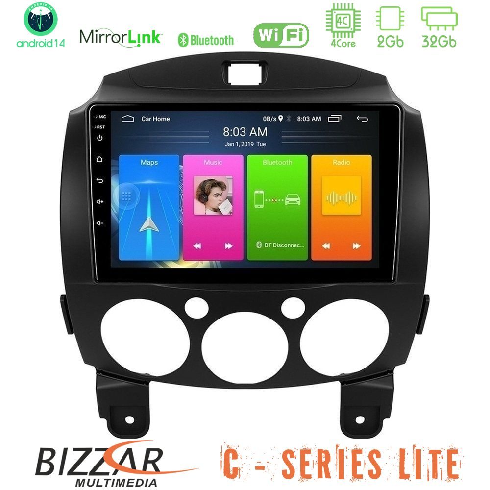 Bizzar C Series Lite 4Core Android14 2+32GB  Mazda 2 2008-2014 Navigation Multimedia Tablet 9"