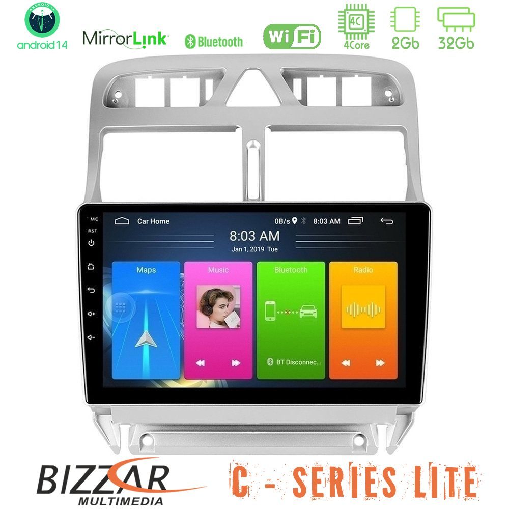 Bizzar C Series Lite 4Core Android14 2+32GB  Peugeot 307 2002-2008 Navigation Multimedia Tablet 9"