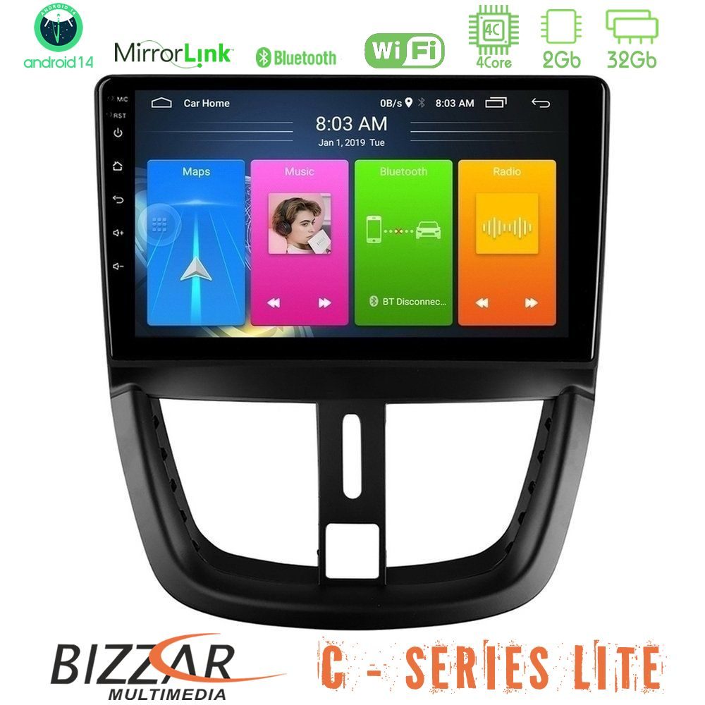 Bizzar C Series Lite 4Core Android14 2+32GB  Peugeot 207 Navigation Multimedia Tablet 9"
