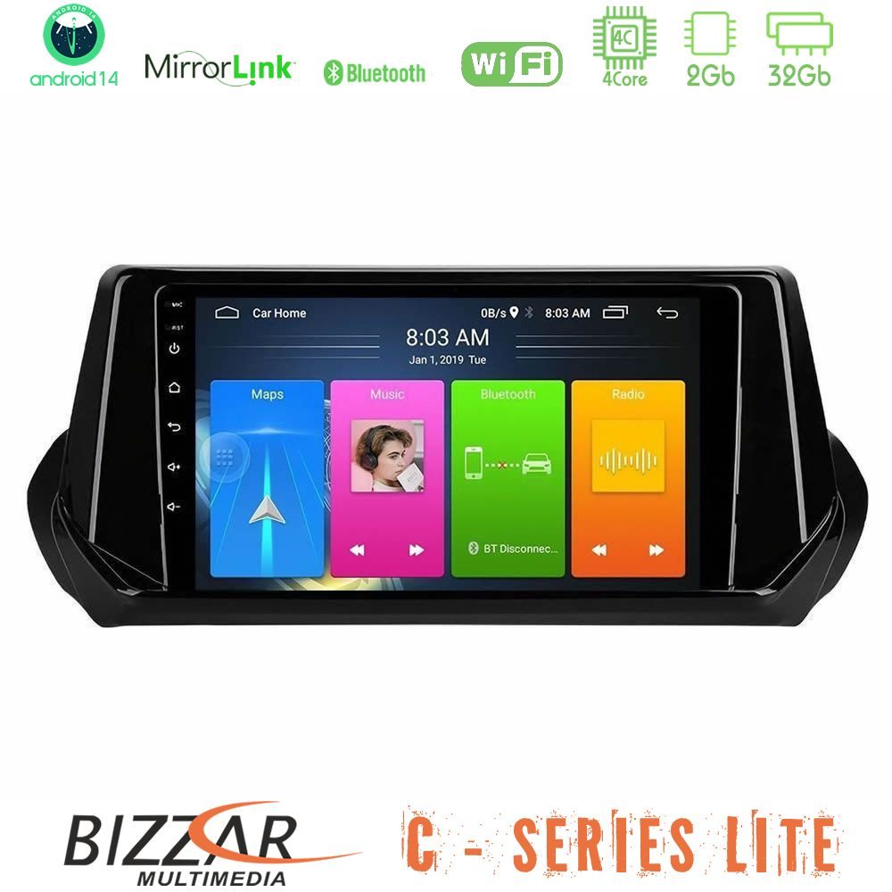 Bizzar C Series Lite 4Core Android14 2+32GB  Peugeot 208 2019-2023 Navigation Multimedia Tablet 9"