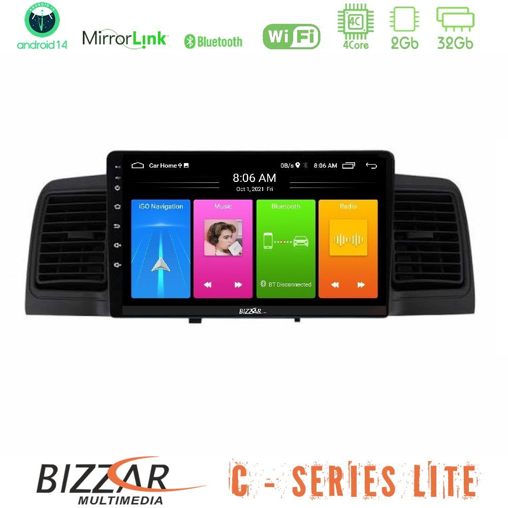 Bizzar C Series Lite 4Core Android14 2+32GB  Toyota Corolla 2002-2006 Navigation Multimedia Tablet 9"   (Black)