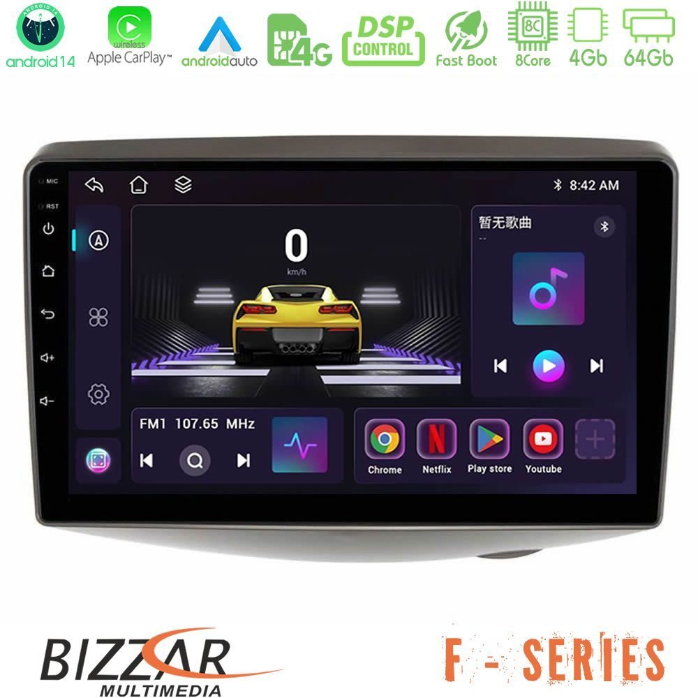 Bizzar F Series 8Core Android14 4+64GB  Toyota Yaris 1999 - 2006 Navigation Multimedia Tablet 9" Με Carplay & Android Auto