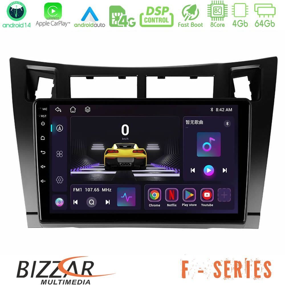 Bizzar F Series 8Core Android14 4+64GB  Toyota Yaris Navigation Multimedia Tablet 9" (Μαύρο Χρώμα) Με Carplay & Android Auto
