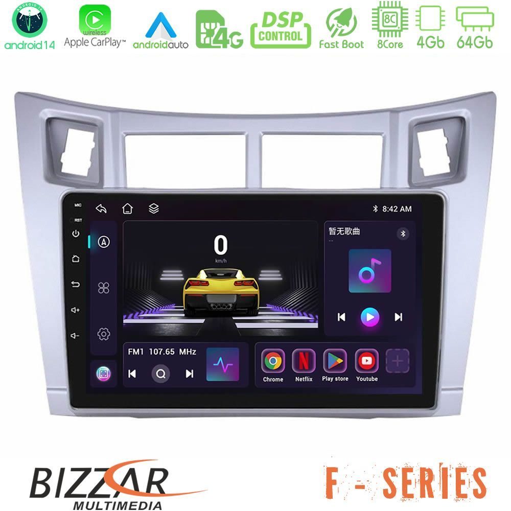 Bizzar F Series 8Core Android14 4+64GB  Toyota Yaris Navigation Multimedia Tablet 9" (Ασημί Χρώμα) Με Carplay & Android Auto