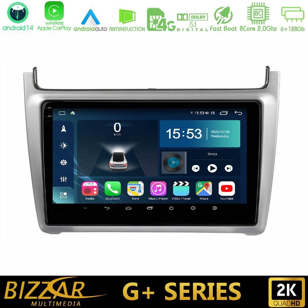 Bizzar G+ Series Vw Polo 2014-2017 8core Android14 6+128GB Navigation Multimedia Tablet 9" (Silver)
