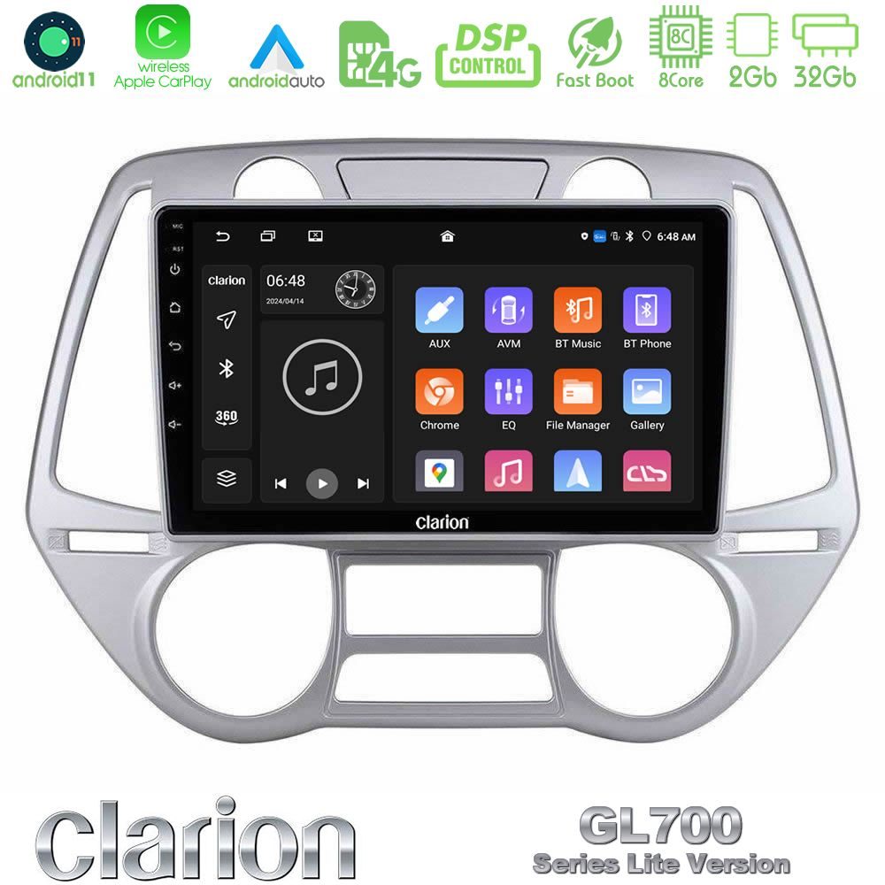 Clarion GL700 Lite Series 8Core Android11 2+32GB Hyundai i20 2009-2012 Auto A/C Navigation Multimedia Tablet 9" Με Carplay & Android Auto