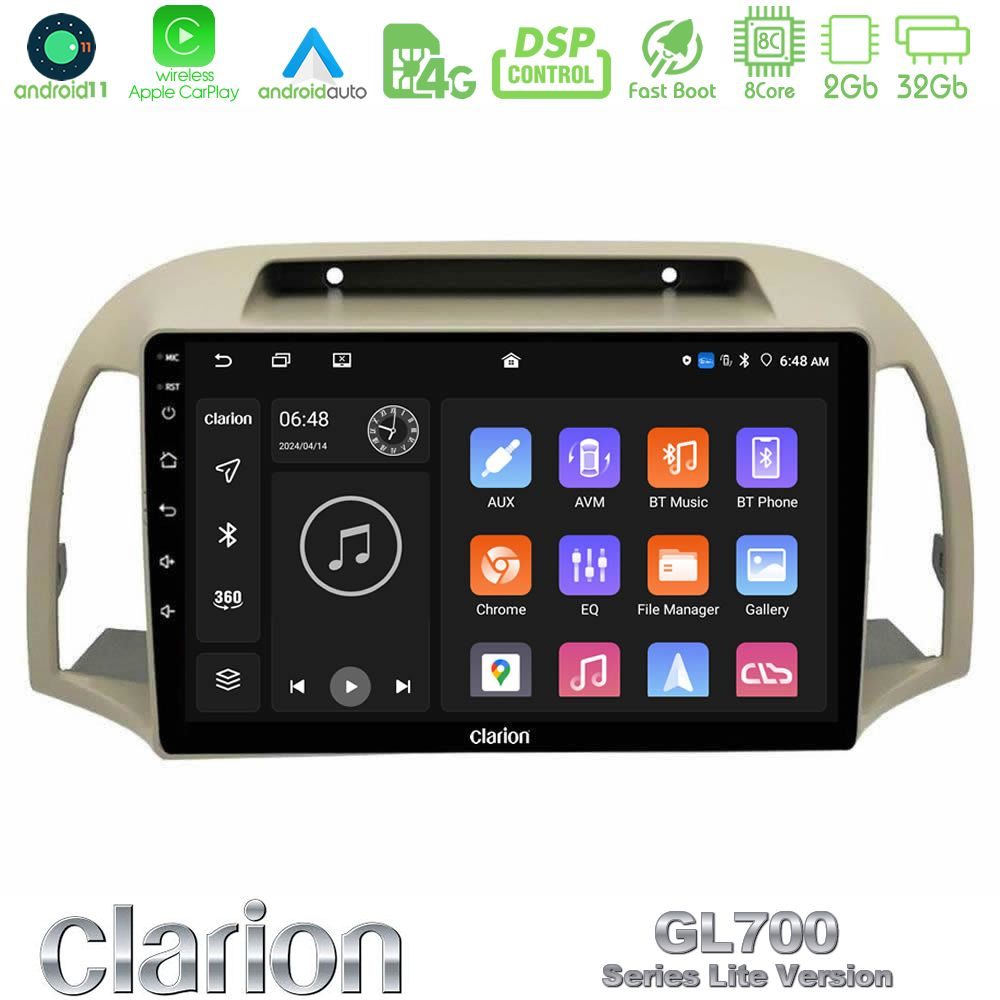 Clarion GL700 Lite Series 8Core Android11 2+32GB Nissan Micra K12 2002-2010 Navigation Multimedia Tablet 9" Με Carplay & Android Auto