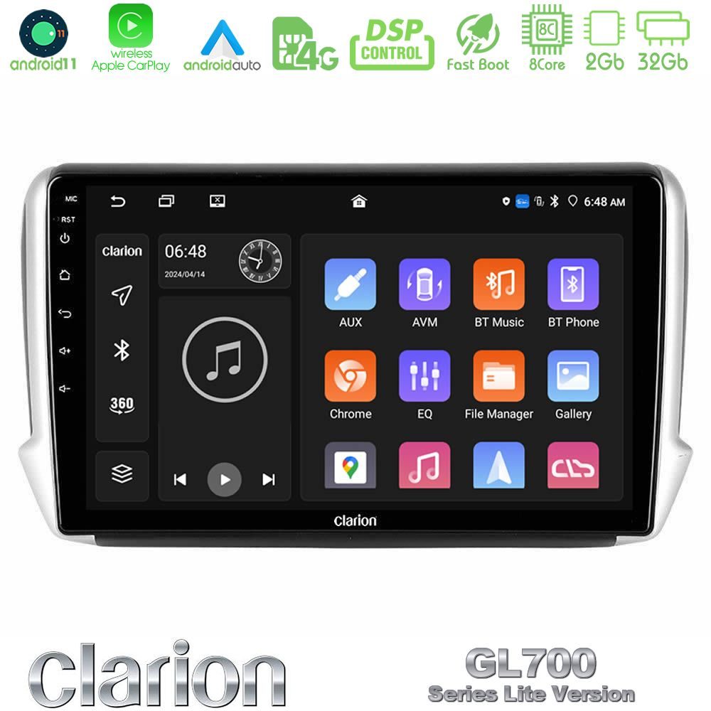 Clarion GL700 Lite Series 8Core Android11 2+32GB Peugeot 208/2008 Navigation Multimedia Tablet 10" Με Carplay & Android Auto