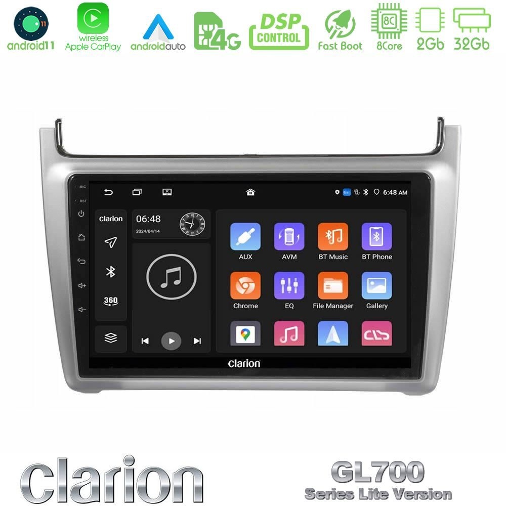 Clarion GL700 Lite Series 8Core Android11 2+32GB Vw Polo 2014-2017 Navigation Multimedia Tablet 9" Με Carplay & Android Auto (Silver)
