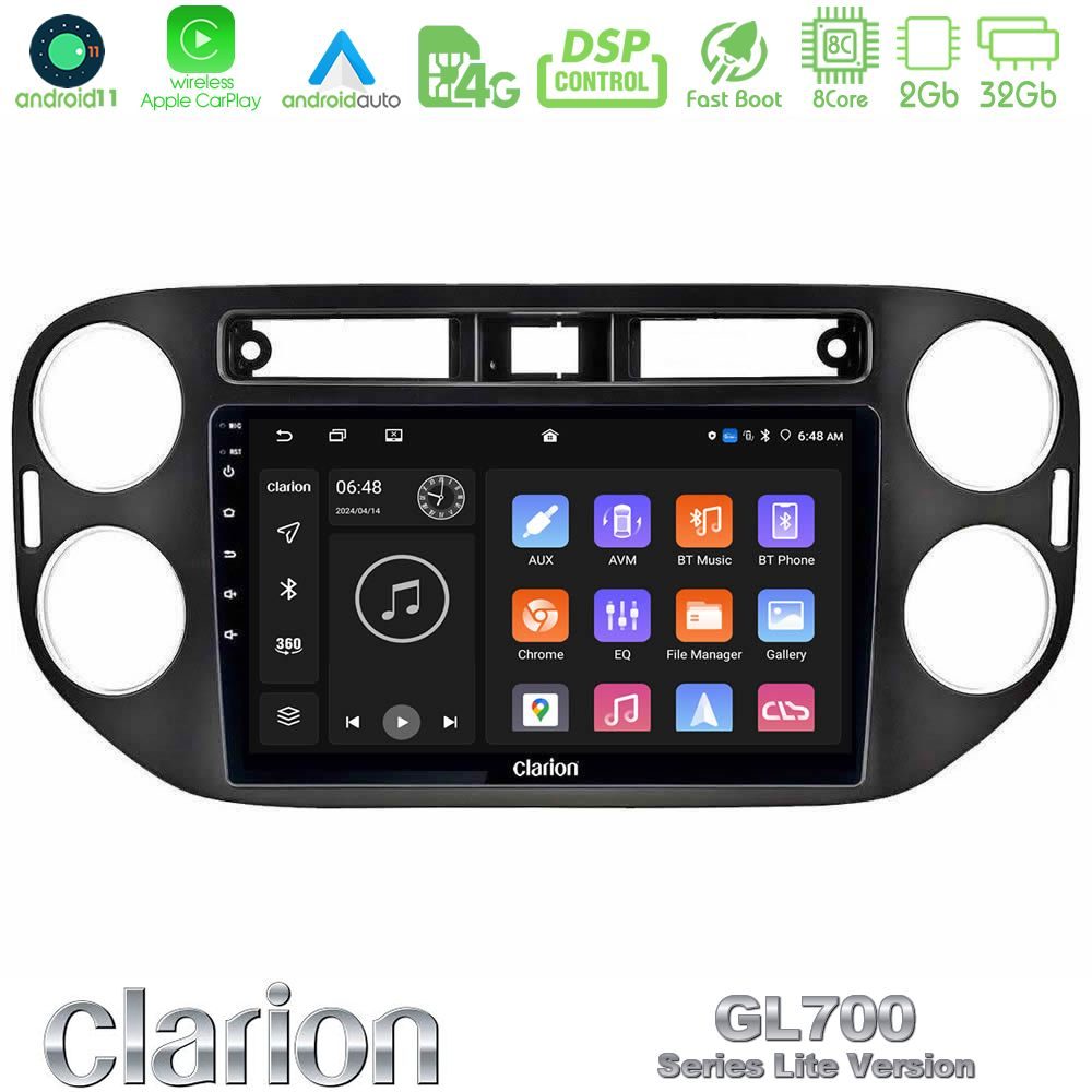 Clarion GL700 Lite Series 8Core Android11 2+32GB VW Tiguan Navigation Multimedia Tablet 9" (23mm alarm button) Με Carplay & Android Auto