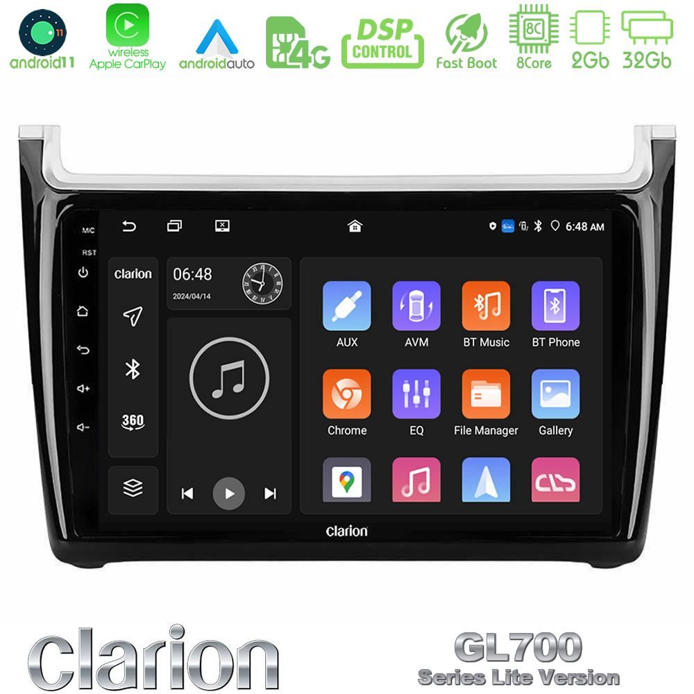Clarion GL700 Lite Series 8Core Android11 2+32GB Vw Polo 2014-2017 Navigation Multimedia Tablet 9" Με Carplay & Android Auto