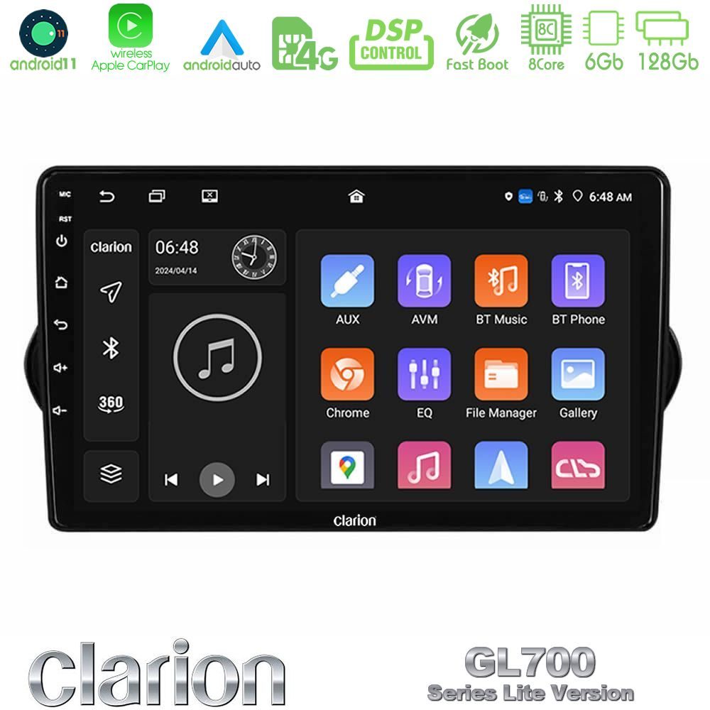 Clarion GL700 Lite Series 8Core Android11 6+128GB Fiat Tipo 2015-2022 (Hatchback) Navigation Multimedia Tablet 9" Με Carplay & Android Auto