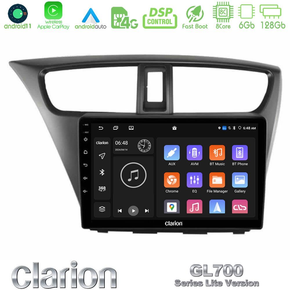 Clarion GL700 Lite Series 8Core Android11 6+128GB Honda Civic Hatchback 2012-2015 Navigation Multimedia Tablet 9" Με Carplay & Android Auto