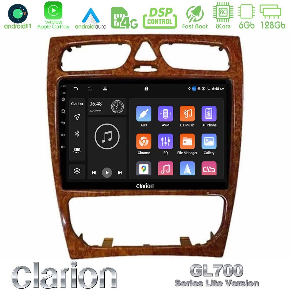Clarion GL700 Lite Series 8Core Android11 6+128GB Mercedes C Class (W203) Navigation Multimedia Tablet 9" (Wooden Style) Με Carplay & Android Auto