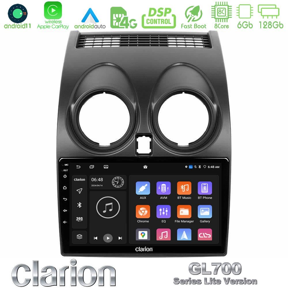 Clarion GL700 Lite Series 8Core Android11 6+128GB Nissan Qashqai J10 Navigation Multimedia Tablet 9" Με Carplay & Android Auto