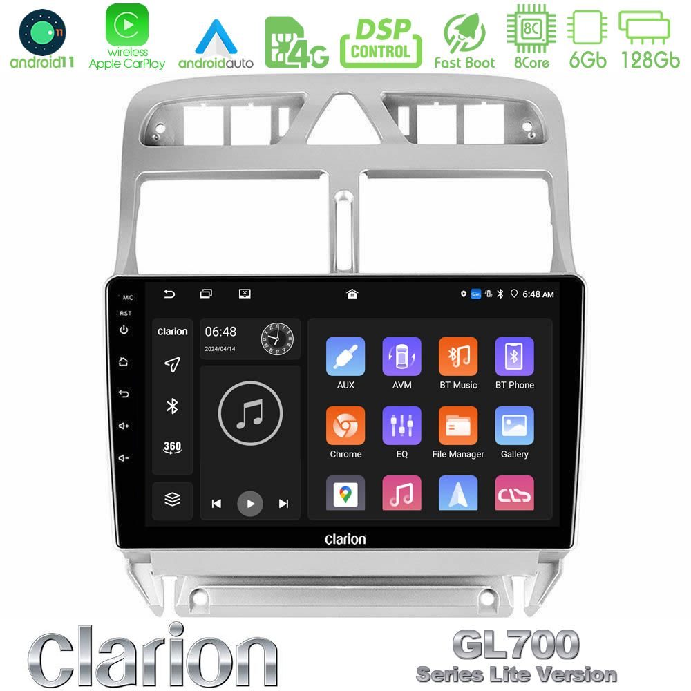 Clarion GL700 Lite Series 8Core Android11 6+128GB Peugeot 307 2002-2008 Navigation Multimedia Tablet 9" Με Carplay & Android Auto