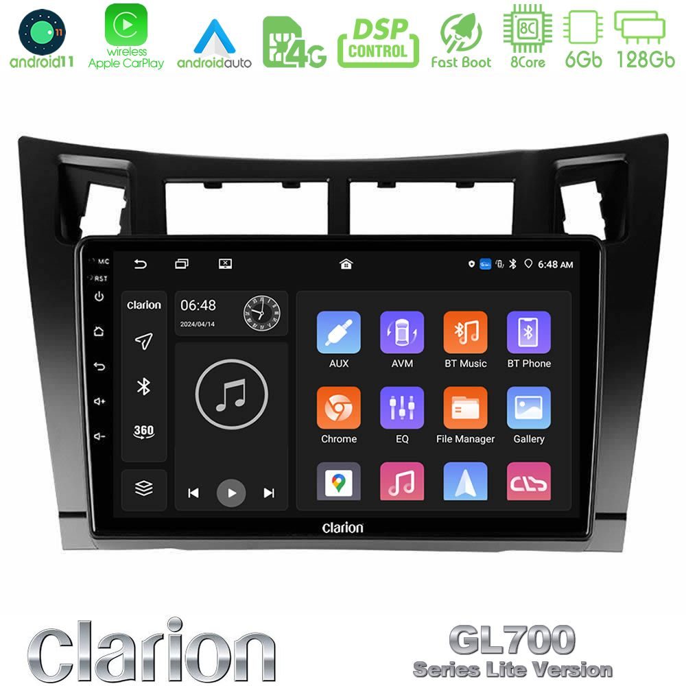 Clarion GL700 Lite Series 8Core Android11 6+128GB Toyota Yaris Navigation Multimedia Tablet 9" (Μαύρο Χρώμα) Με Carplay & Android Auto