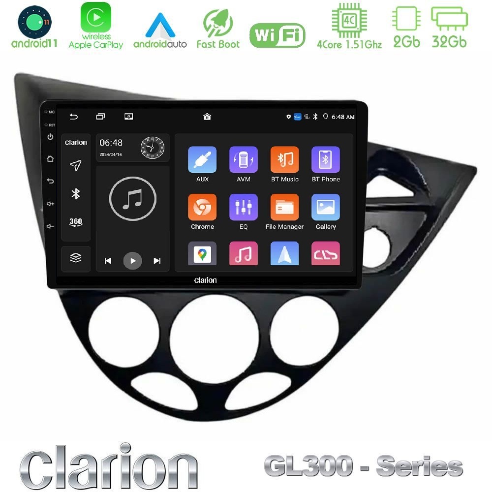 Clarion GL300 Series 4Core Android11 2+32GB Ford Focus 1999-2004 (RHD) Navigation Multimedia Tablet 9" Με Carplay & Android Auto