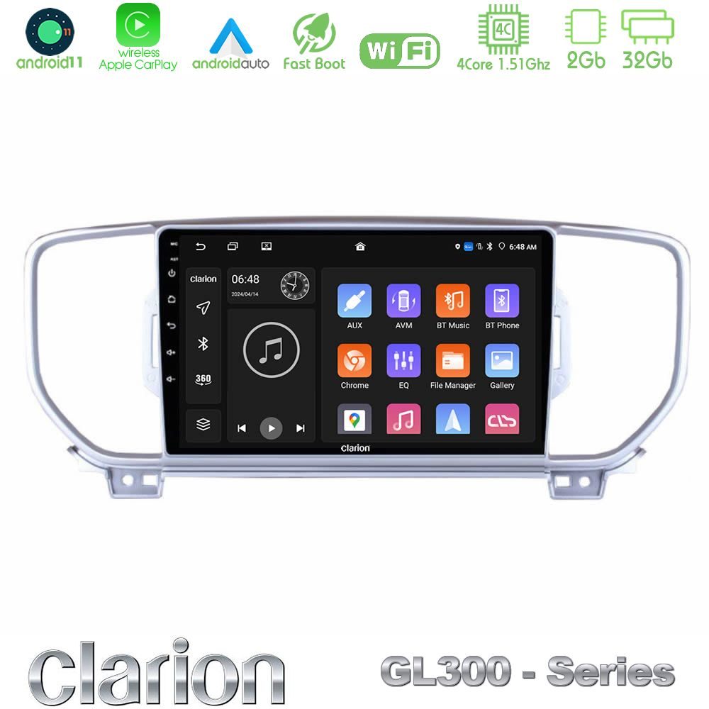 Clarion GL300 Series 4Core Android11 2+32GB Kia Sportage 2016-2018 Navigation Multimedia Tablet 9" Με Carplay & Android Auto