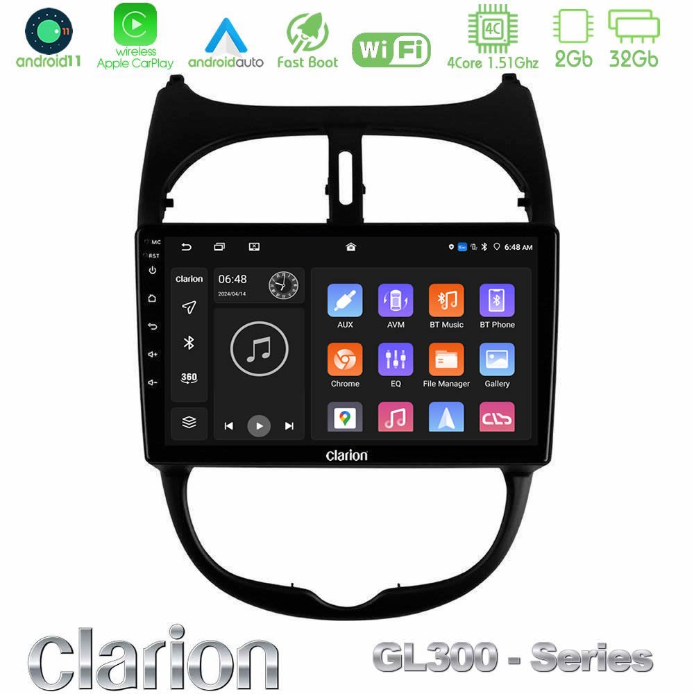 Clarion GL300 Series 4Core Android11 2+32GB Peugeot 206 Navigation Multimedia Tablet 9" Με Carplay & Android Auto