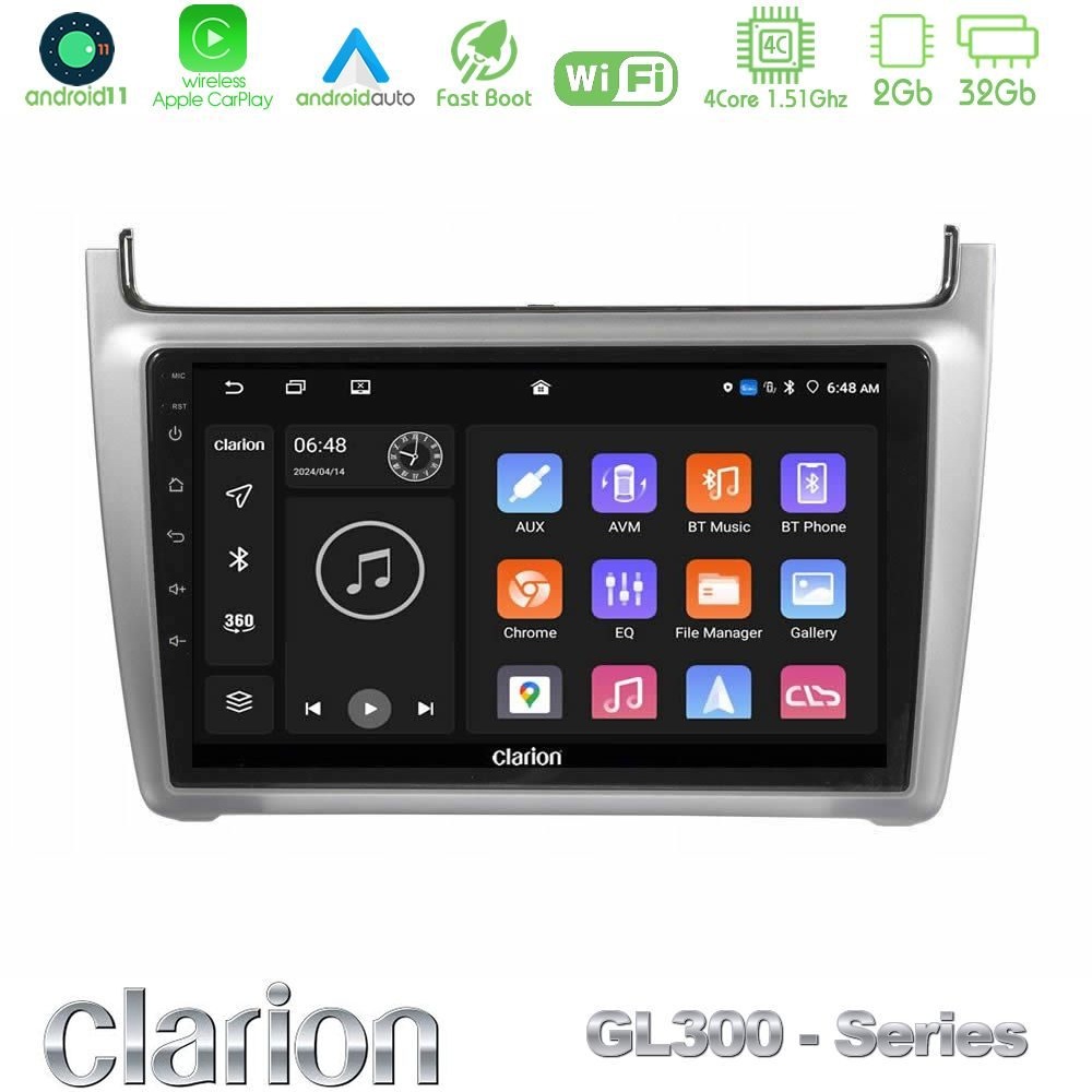 Clarion GL300 Series 4Core Android11 2+32GB Vw Polo 2014-2017 Navigation Multimedia Tablet 9" Με Carplay & Android Auto (Silver)
